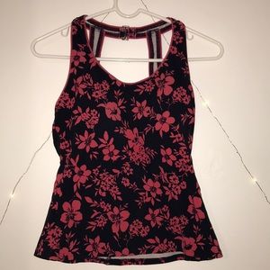 pink and black floral bathing suit top